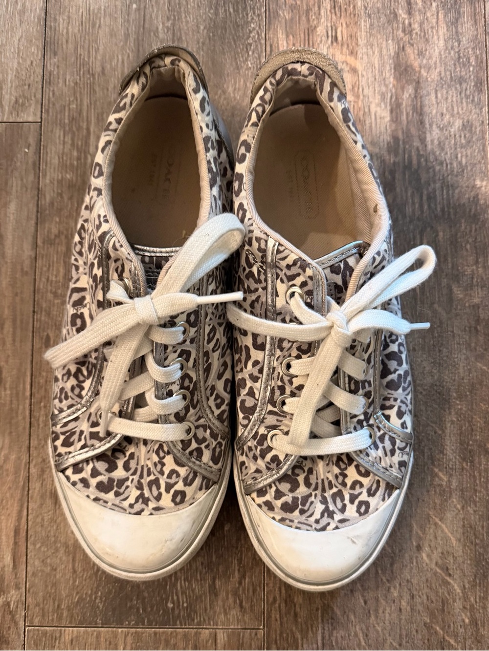 Coach Leopard-Print Low-Top Sneakers in White and Taupe